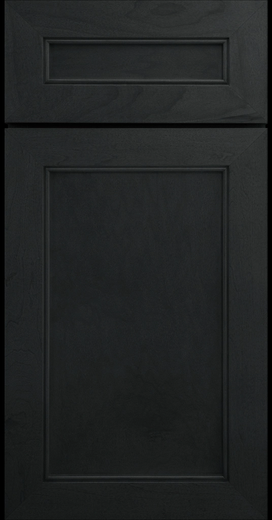 Alpine-style mitered shaker cabinet in Night Sky Stain with a flat center panel & inside bead detail.